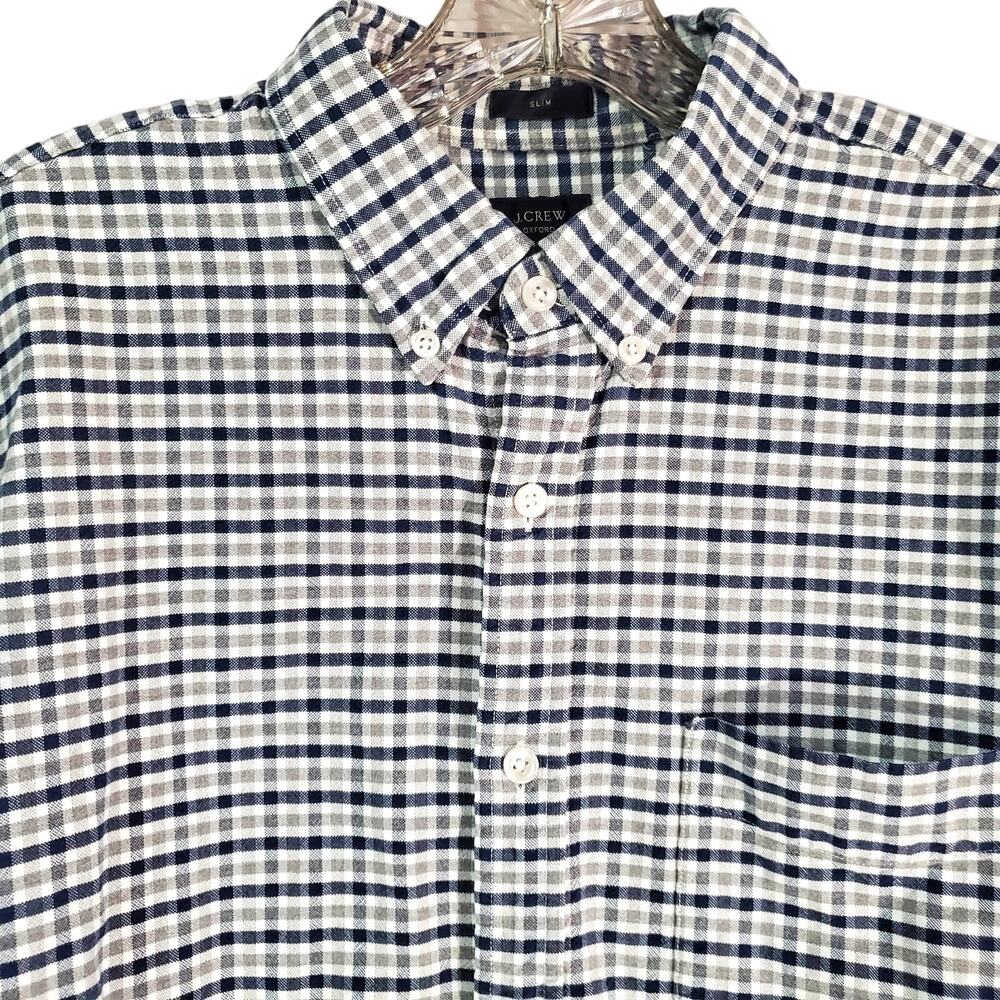 J. Crew Classic Oxford Shirt Size L Blue Gray Gingham Check Slim Fit Soft Cotton